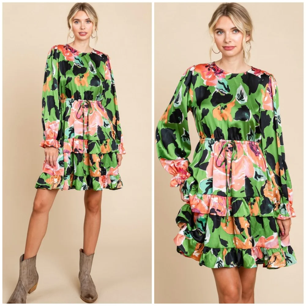 JODIFL Green Floral Long Sleeves Short Dress - Picture 6 of 7